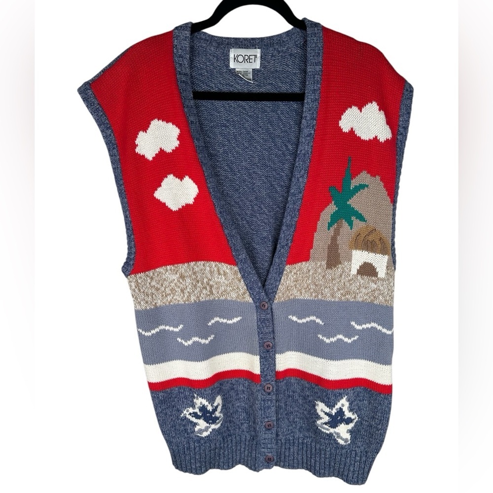 Koret Red Blue Vintage‎ Cottagecore Novelty 100% Cotton Knit Vest Top Size 1X